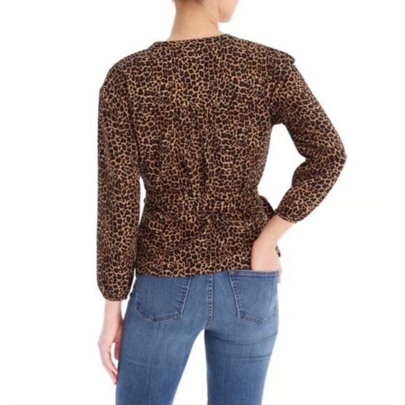 J. Crew Size S Peplum Sara Leopard Print Wrap Top Blouse Black Tan Long Sleeve - Picture 2 of 15